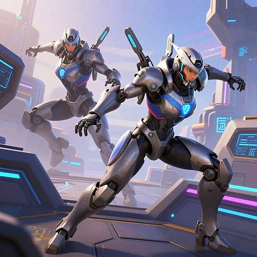 Digital art of two futuristic, armored robots in dynamic combat poses in a neon-lit, sci-fi cityscape with glowing blue and purple accents.