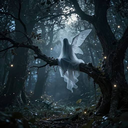 Mysterious white-winged ghostly figure in ethereal cloak sits on a moss-covered tree branch in a dark, enchanted forest illuminated by glowing fireflies