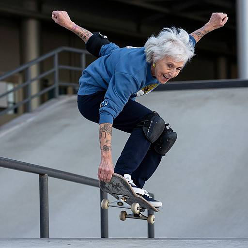 Photograph of an elderly white man with silver hair, tattoos, wearing a blue hoodie and black pants, skateboarding mid-air over a rail in an