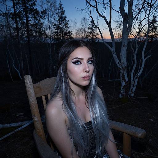 Photograph of a fair-skinned woman with long silver-blonde hair, blue eyeshadow, and black strapless dress, seated outdoors at