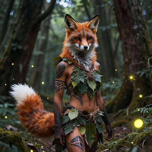 Digital art of a humanoid fox with red-orange fur, tribal tattoos, leafy loincloth, standing in a mystical forest with glowing fireflies.