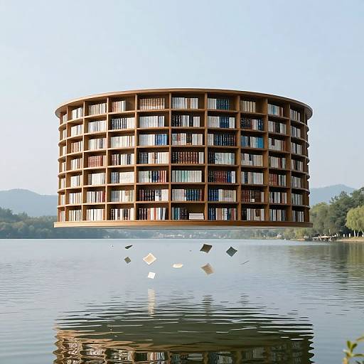 Photograph of a circular, modern, multi-story building with wooden and glass balconies, floating on a calm lake with clear reflections.