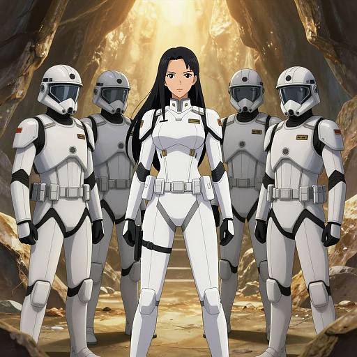 Digital anime-style illustration of a confident woman in a white spacesuit, flanked by three white-armored stormtroopers in a sunlit cave.