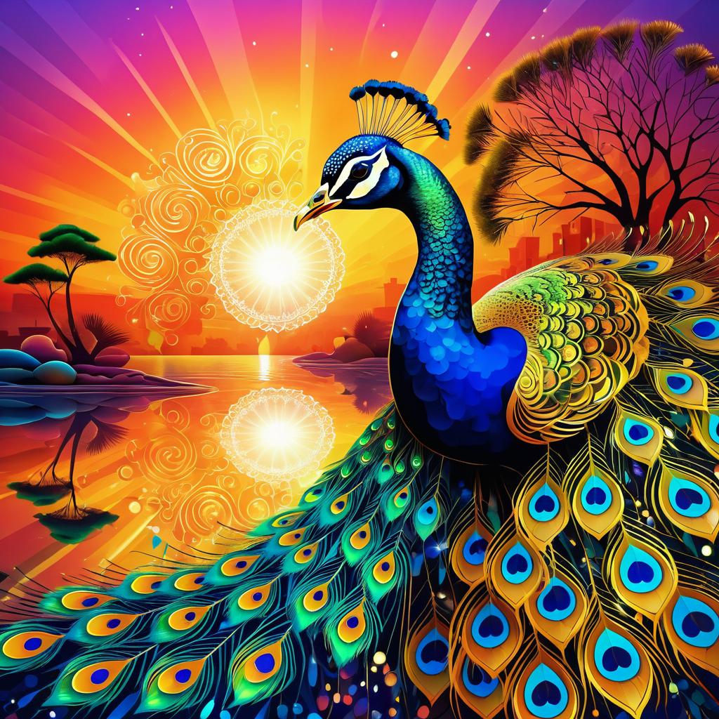 Surreal Peacock Under Golden Sunset