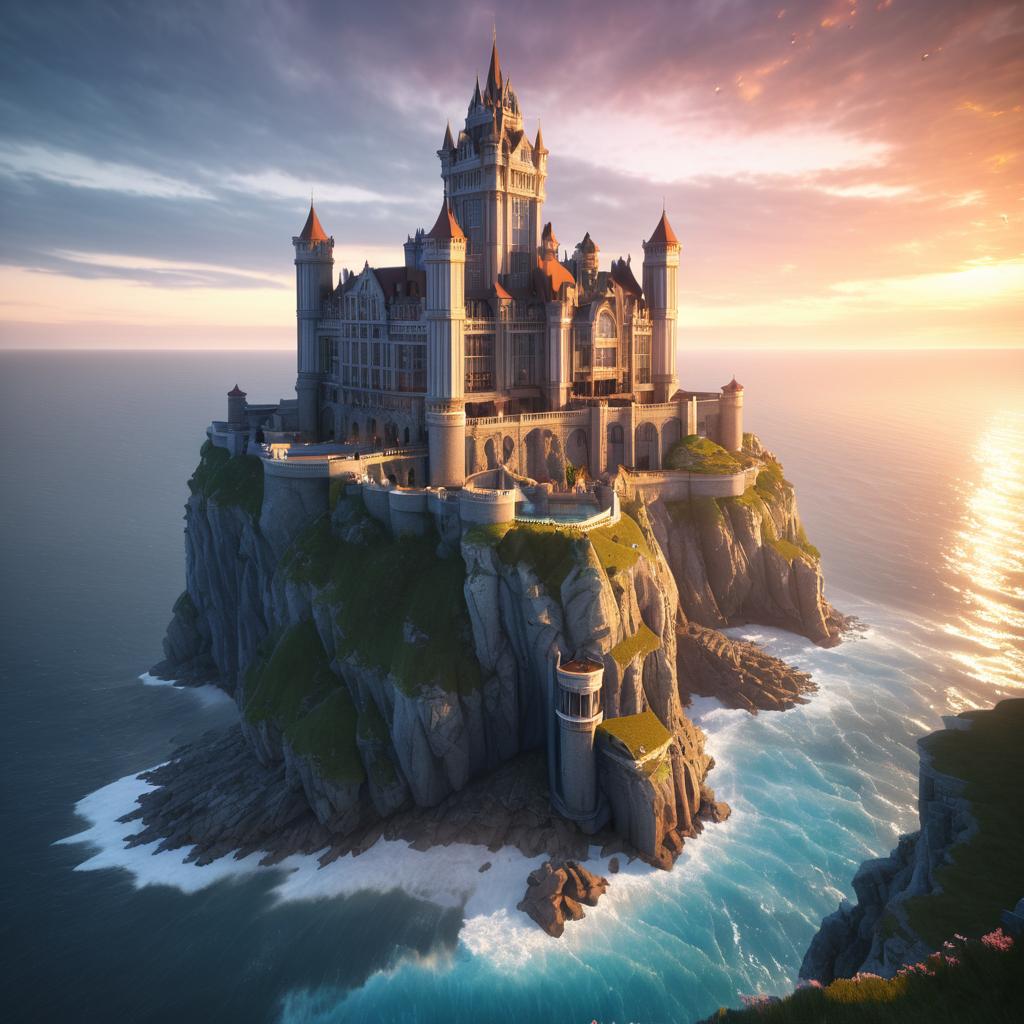 Majestic Castle at Sunset Overlooking Waves