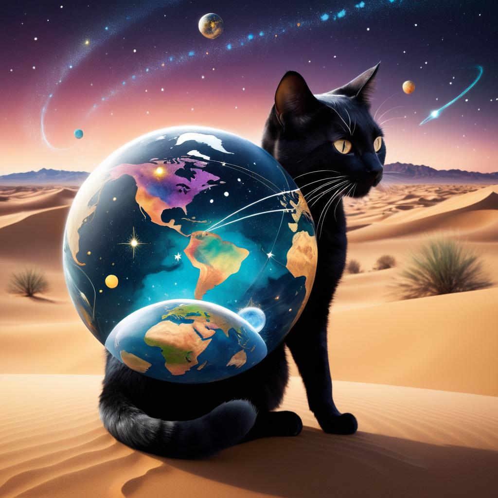 Whimsical Cat Globe in Desert