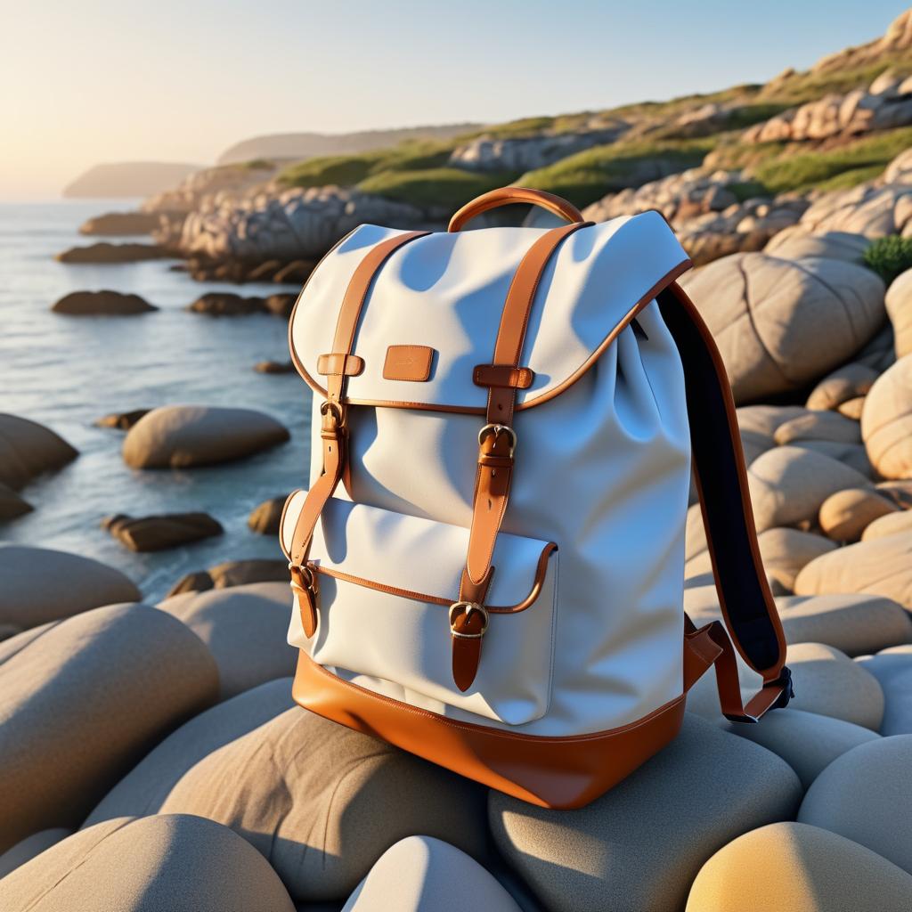 Stylish Backpack on Rocky Beach at Sunset