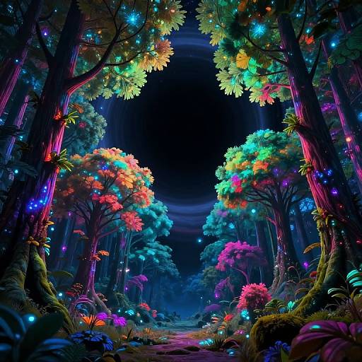 Vibrant, neon-lit forest path at night, with glowing trees, colorful foliage, and sparkling fireflies illuminating the dark, enchanted woodland