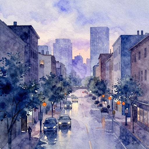 Watercolor painting of a rainy urban street at dusk, featuring cars, streetlights, trees, and tall buildings with a soft, blue-purple sky.