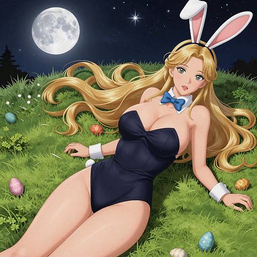 Digital anime-style drawing of a blonde woman with large breasts, wearing a black bunny suit, blue bow tie, and white bunny ears, lying on grass