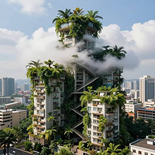Photograph of a tall, green-roofed, multi-story apartment building with lush palm trees, steam rising, and an external staircase, set against