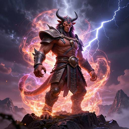 Digital artwork of a muscular, horned demon warrior standing in fiery flames, surrounded by lightning bolts, wearing ornate armor, with a dark, storm