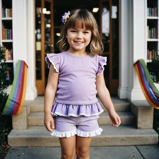 Smiling Toddler Girl in Lilac Outfit Near Library Entrance