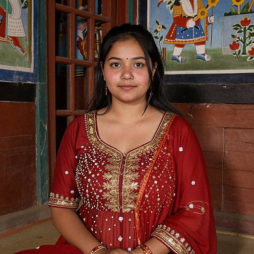 Photograph of a young Indian woman with long black hair, wearing a red embroidered traditional dress, sitting in front of colorful, painted wall murals.
