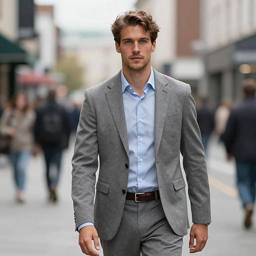 Confident man in gray suit on urban street
