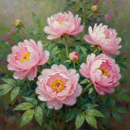 Digital painting of pink peonies with yellow centers and green leaves, surrounded by blurred pink and green background, showcasing delicate petals and vibrant colors.