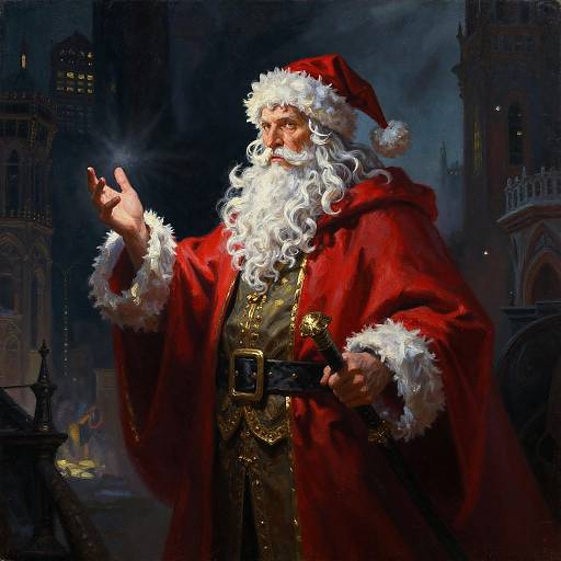 Digital painting of a majestic Santa Claus with a long white beard, red cloak, and fur-trimmed hat, casting a magical spell in a dark