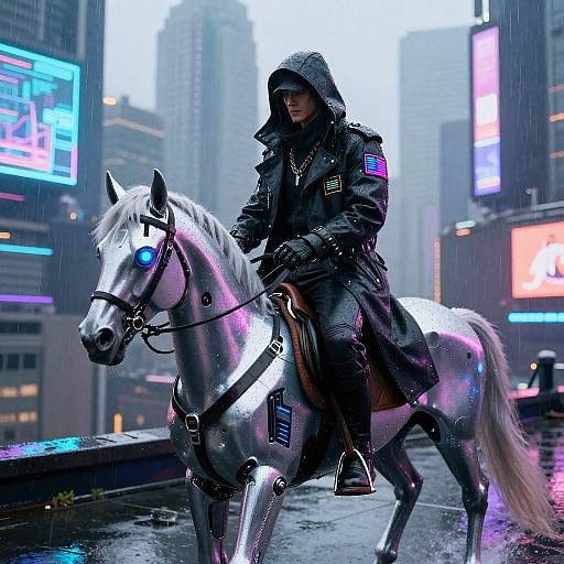 Digital artwork of a hooded figure in a black raincoat riding a glowing, cybernetic white horse in a rainy, neon-lit cityscape