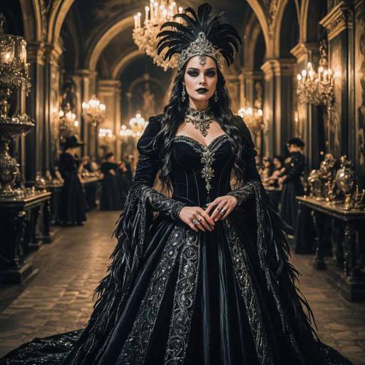 Woman in Gothic Black Velvet Mardi Gras Gown