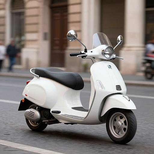 Photograph of a white vintage-style scooter with black seat and handlebars, riding on a cobblestone street in an urban setting.