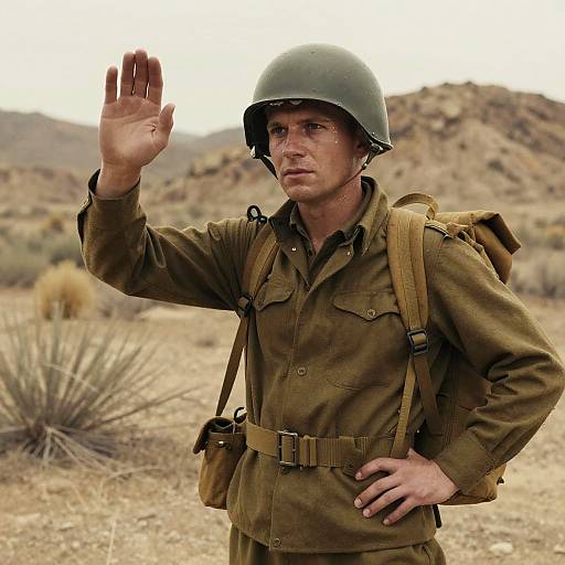 Photograph of a serious male soldier in green helmet and brown uniform, raising hand in desert landscape, mountains in background.