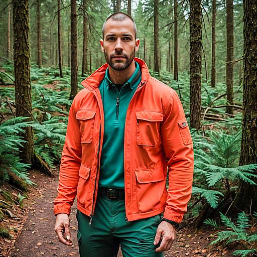 Man Hiking in Forest Wearing Bright Orange Jacket