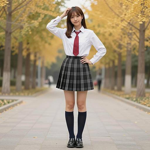 Asian Woman in School Uniform on Autumn Path