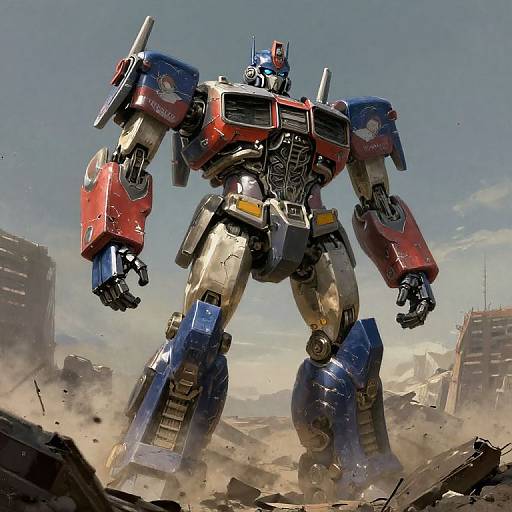 Digital art of a towering, red, blue, and silver Optimus Prime-style robot standing amidst a destroyed cityscape, with debris flying around.