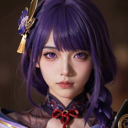 Digital portrait of an anime-style girl with purple hair, purple eyes, and a gold hairpin, wearing a black and red choker.
