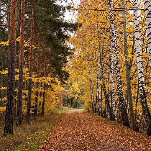 Photograph of a serene forest path lined with tall birch and pine trees, covered in vibrant yellow autumn leaves and orange-brown fallen leaves, under