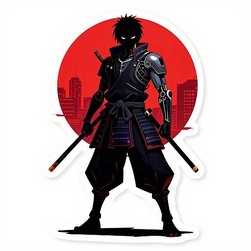 Silhouetted samurai with cybernetic arm, standing with swords, against a red sun and cityscape background, in digital anime style.