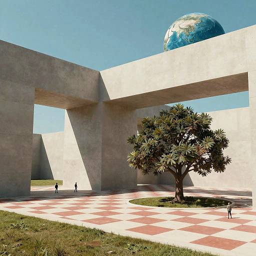 Surreal Geometric Landscape with Earth and Tree