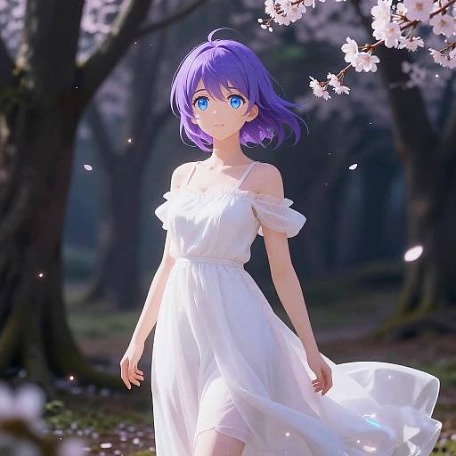 Anime-style digital illustration of a purple-haired girl with blue eyes, wearing a white, off-shoulder dress, walking through a cherry blossom forest with