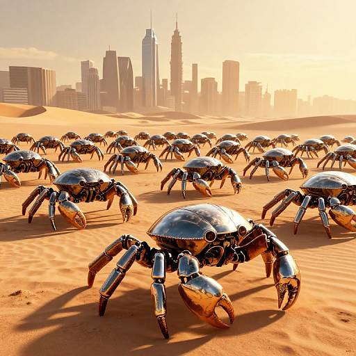 Digital artwork of metallic, spider-like robots marching across a sunlit, orange desert with a futuristic city skyline in the background.