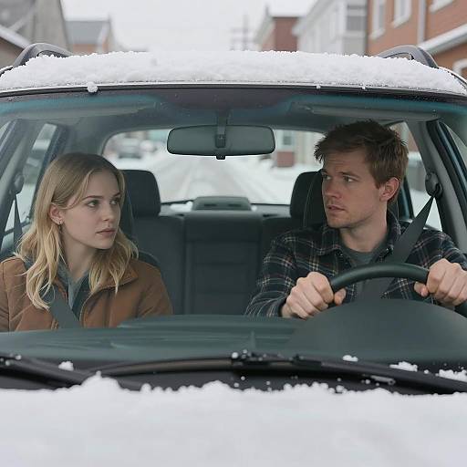 Winter Drive: Focused Couple in Car