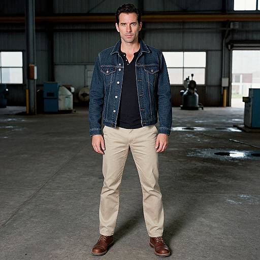 Photograph of a handsome man with short dark hair, wearing a black shirt, dark denim jacket, beige pants, and brown shoes, standing confidently in