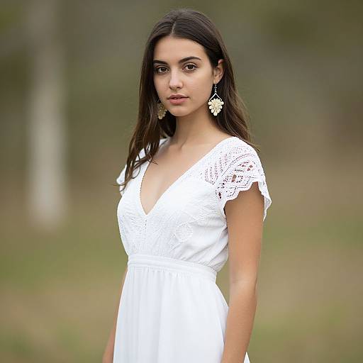 Photograph of a young woman with long dark hair, wearing a white lace-trimmed dress and white star-shaped earrings, standing outdoors with a blurred