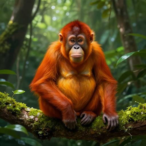 Photorealistic digital artwork of a red-haired orangutan with intense eyes, sitting on a moss-covered branch in a lush, green forest.