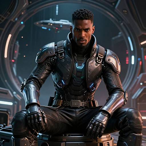 Photorealistic CGI of a muscular Black man in shiny black armored suit, sitting confidently in futuristic spaceship interior, illuminated by blue and red lights.