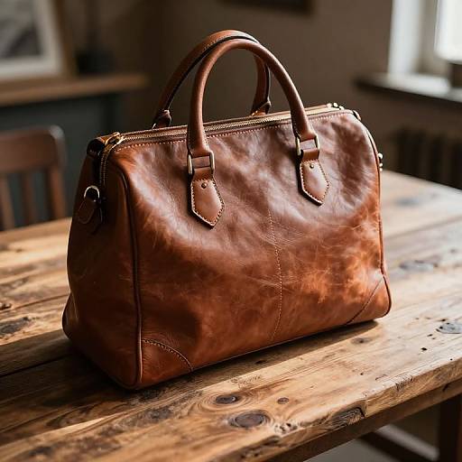 Photograph of a rich brown, leather, vintage-style handbag with stitched details, resting on a rustic wooden table in a softly lit room.