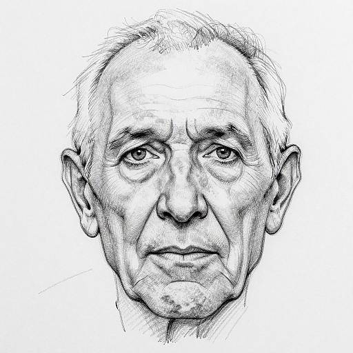 Detailed black-and-white pencil sketch of an elderly man with wrinkled skin, thinning hair, and a solemn expression, centered against a plain white background