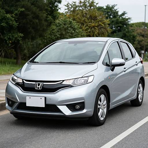 Photograph of a silver Honda hatchback car on a road with green trees in the background, positioned slightly angled to the right.