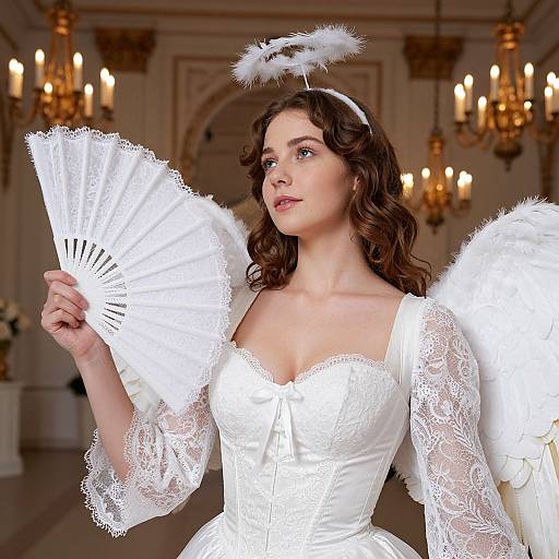 Photograph of a fair-skinned woman with curly brown hair, wearing a white lace angel costume with feather wings and halo, holding a fan in an