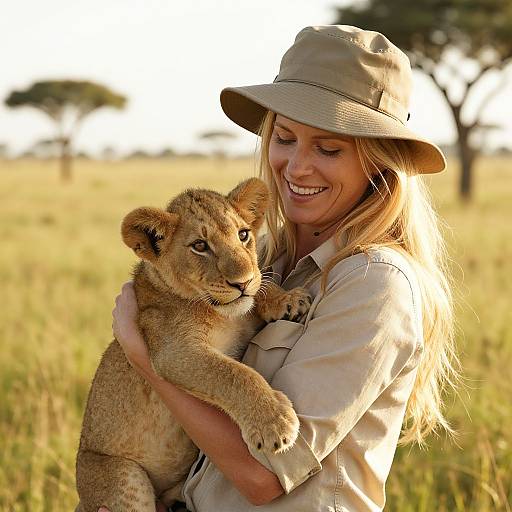 Photograph of a smiling blonde woman in a safari hat hugging a young lion cub in a sunlit, grassy savanna.