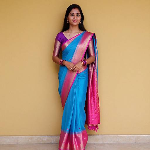Photograph of a smiling Indian woman with long black hair, wearing a vibrant blue and pink sari with metallic pink sleeves, standing against a yellow wall