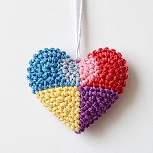 Photograph of a crocheted heart, divided into four colors: blue, purple, red, and yellow, with a white string hanging from the