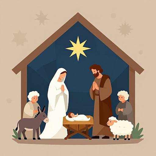 Digital illustration of a nativity scene: Mary, Joseph, baby Jesus in a manger, shepherds, donkey, sheep, star above