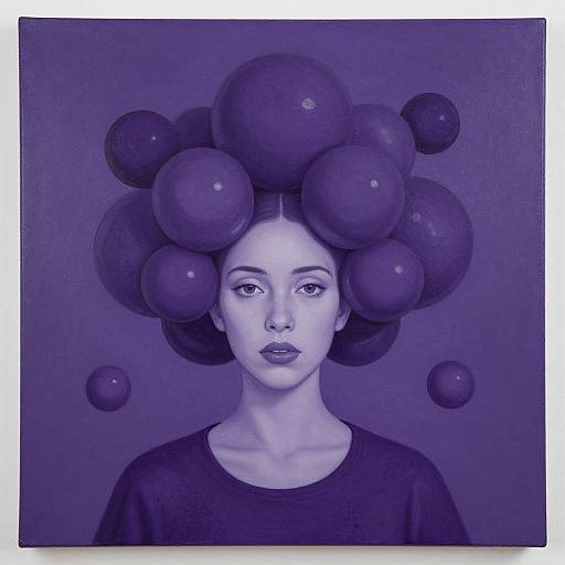 Photograph-style digital artwork: A pale-skinned woman with a serious expression, wearing a black top, has a cluster of dark purple balloons on her