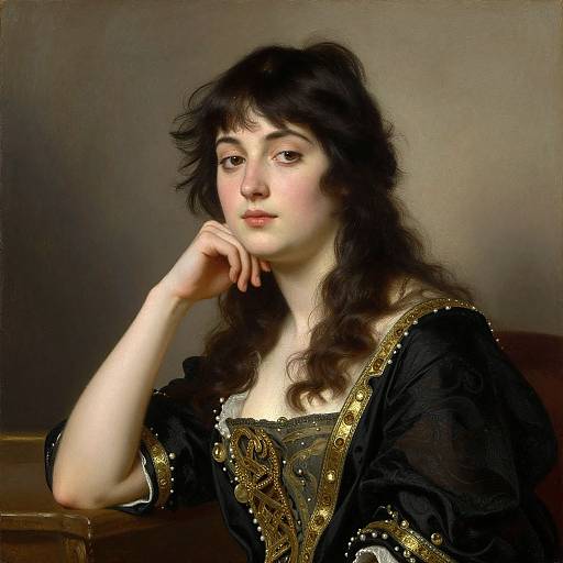 Baroque-style painting of a young woman with fair skin, dark wavy hair, and soft pink cheeks, wearing a black gown with gold embroidery,
