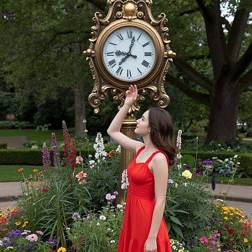 Photograph of a woman in a red dress, standing in a garden, touching an ornate gold clock, surrounded by colorful flowers.